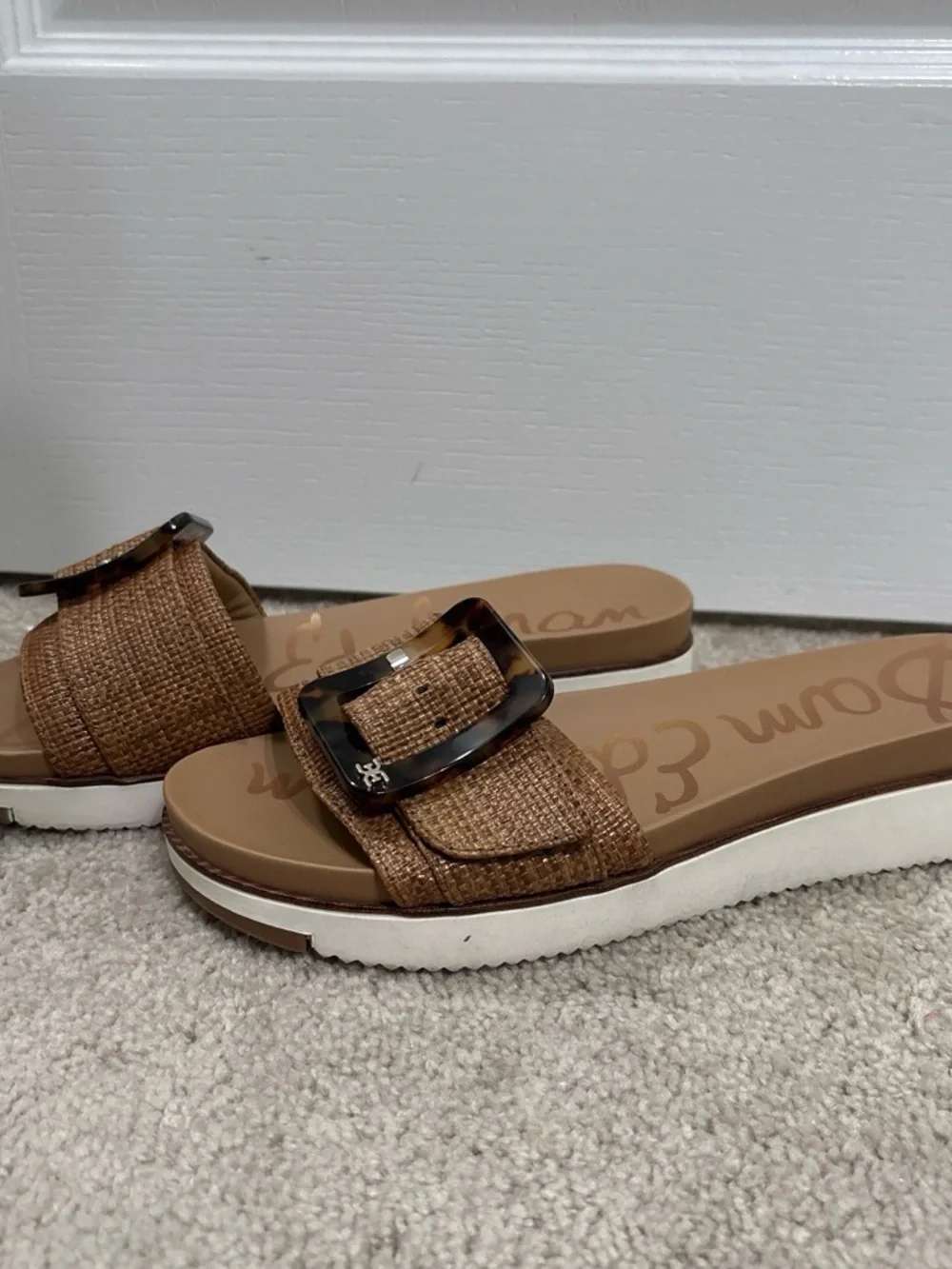 Sam Edelman Tan Raffia Slide Sandals with Tortoiseshell Buckles